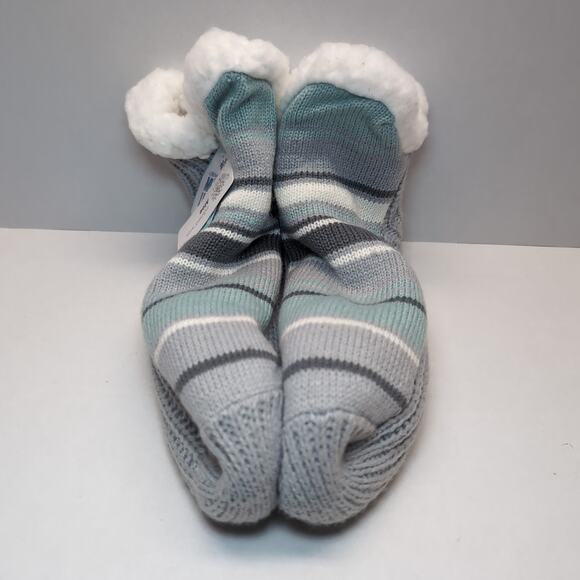 Muk Luks Aloe Infused Cabin Socks Slippers S/M Thick Stripes Grippers Grey - Picture 3 of 6